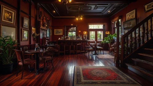 Vintage mahogany lounge bar with warm ambient lighting.