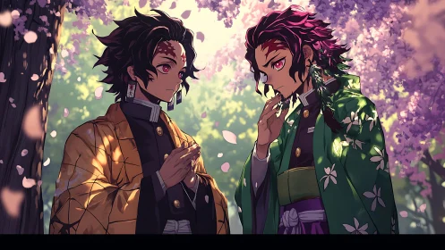 Twin kimono-clad anime swordsmen under luminous cherry blossoms