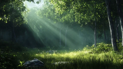 Forest clearing with volumetric light rays through canopy