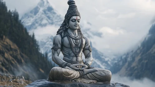 Meditating stone deity statue in misty Himalayan valley.