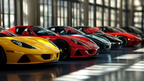 Supercar lineup under showroom sidelighting in bold primaries.