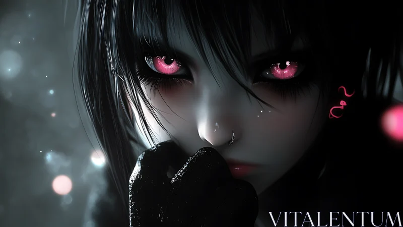Dark-haired girl holds gaze with glowing pink eyes