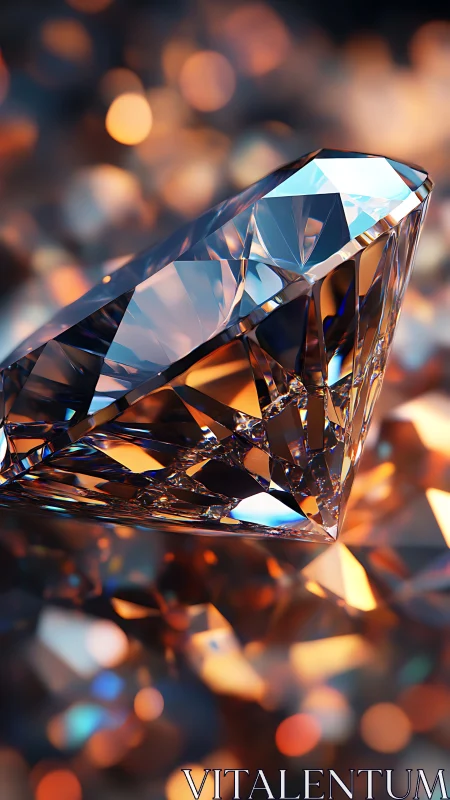 Photoreal diamond close-up with warm bokeh reflections.