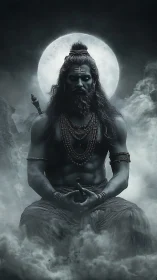 Mythic ascetic meditates beneath full moonlit mist.