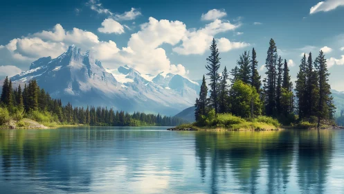 Mountain lake with conifer island and distant snowy peaks.