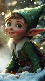 Smiling winter elf child glowing with cozy holiday wonder.