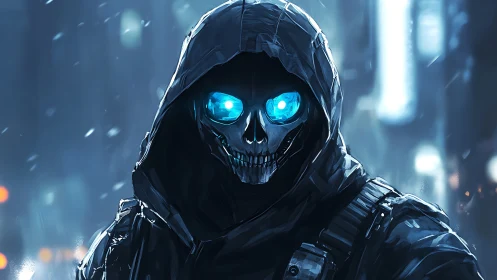 Cyber skull reaper in neon winter cityscape at night.