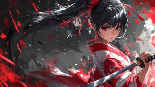 Crimson-eyed samurai maiden cleaves silence in scarlet storm.