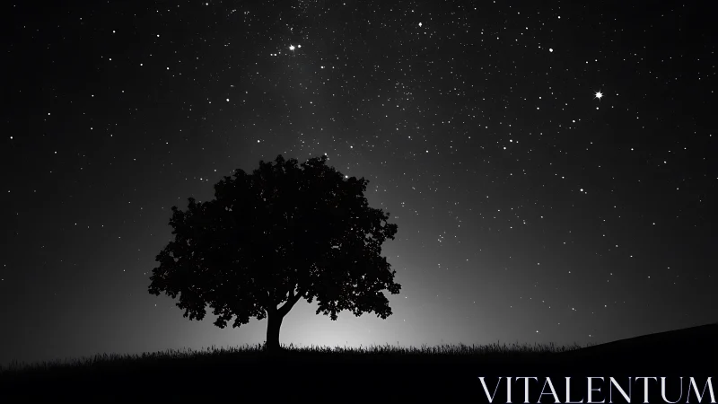 Lone deciduous tree silhouette under dense starlit night sky