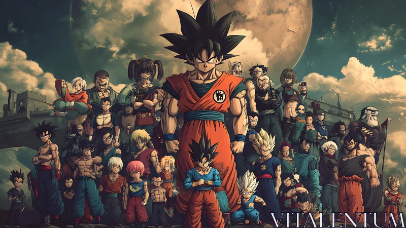 Large ensemble of martial characters under full moon sky.