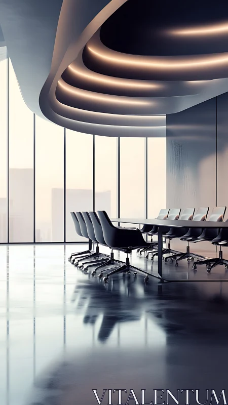Minimalist Executive Conference Room with Sculptural Curved Ceiling Lighting.