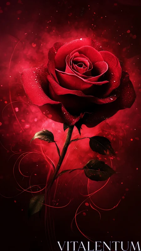 Crimson Rose with Luminous Particle Effects and Orbital Design Elements