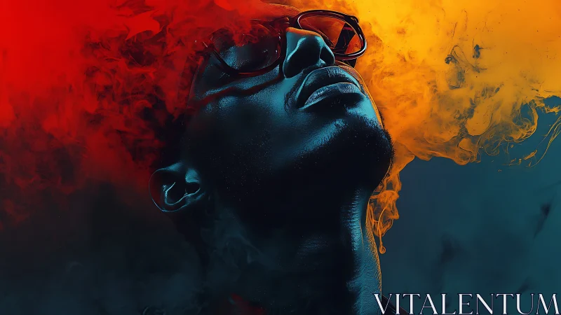 Digital portrait under red and yellow smoke clouds.