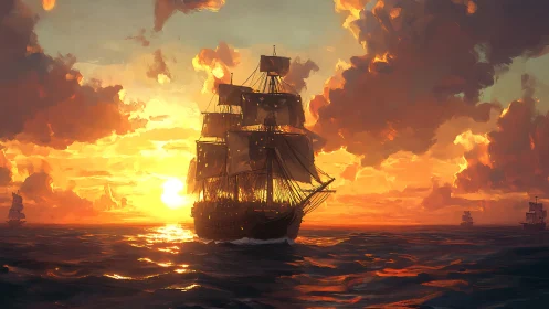 Sunlit tall ship gliding into a painted golden ocean sky.