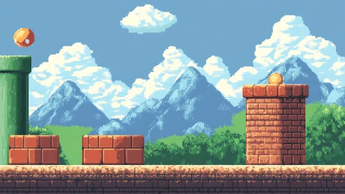 Retro side-scroller landscape with pixel brick platforms.