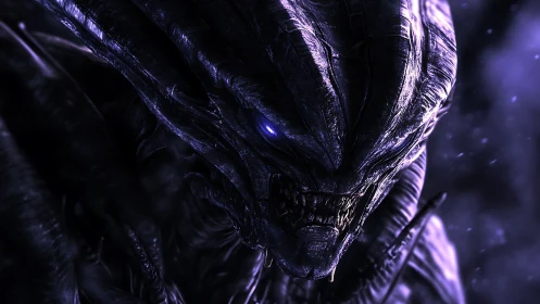 Alien warlord portrait with bioluminescent violet highlights.