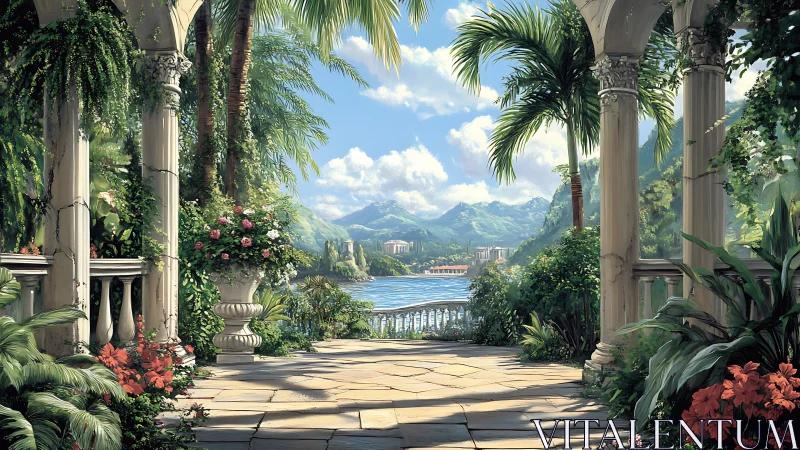Neoclassical lakeside loggia framing lush tropical bayscape.