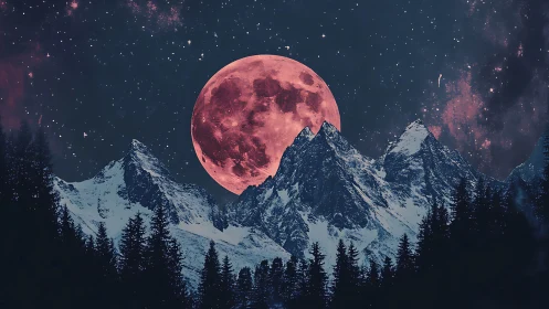 Moon appears oversized behind snow-covered mountain ridge