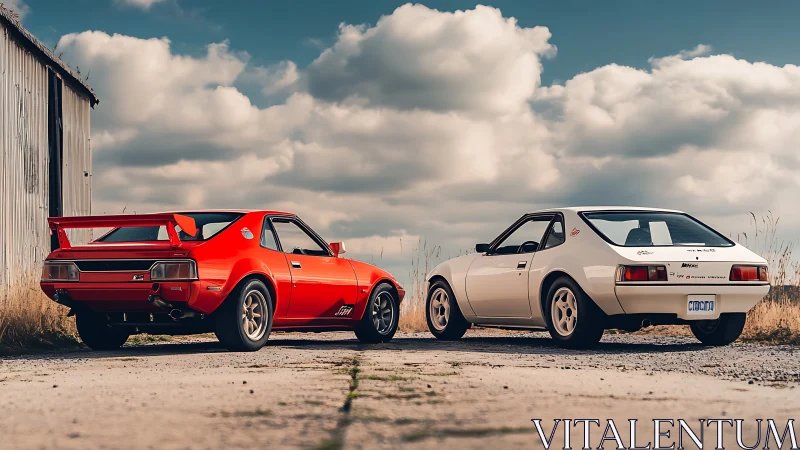 Retro twin sports cars bask under drifting cotton skies.