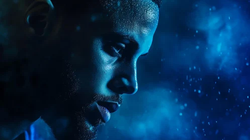 Sweat‑lit athlete profile rendered in cinematic blue chiaroscuro