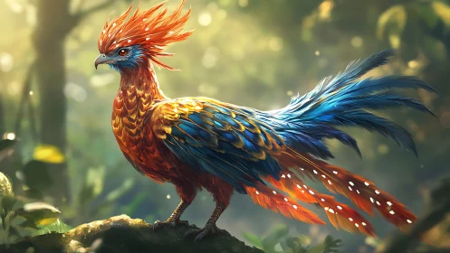 Vibrant Fantasy Bird with Blue and Orange Plumage in Lush Forest.