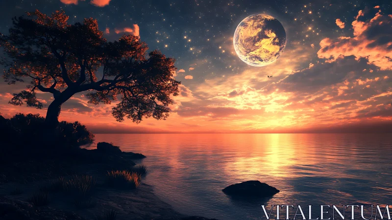 Celestial sunset over tranquil alien shoreline panorama.