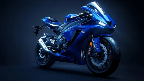 Blue sport motorcycle render on dark gradient background.