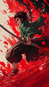 Sword-wielding warrior amid explosive crimson splash storm.