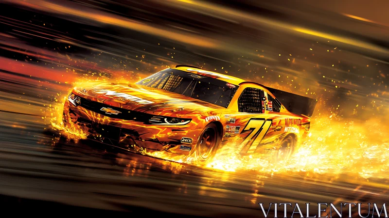 Flaming stock car 71 tears molten streaks across dusk track