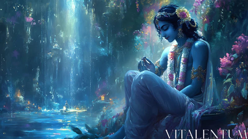 Moonlit river hushes as blue divine musician dreams