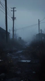 Fog-drenched derelict rural road with telephone poles at dusk