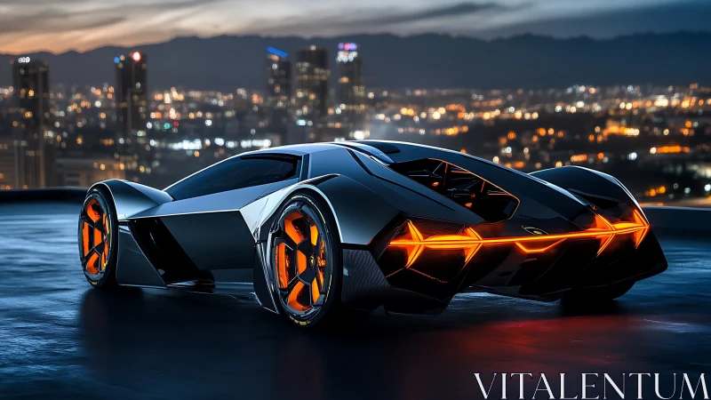 Futuristic hypercar with neon accents over glowing skyline.