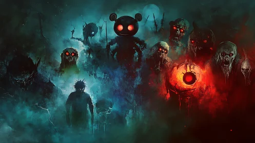 Nightmarish glowing-eyed creatures gather in eerie mist