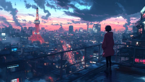 Digital cityscape at dusk with solitary rooftop observer.