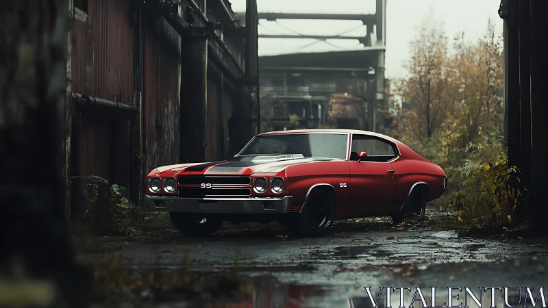 Red muscle car parked in decayed industrial courtyard.