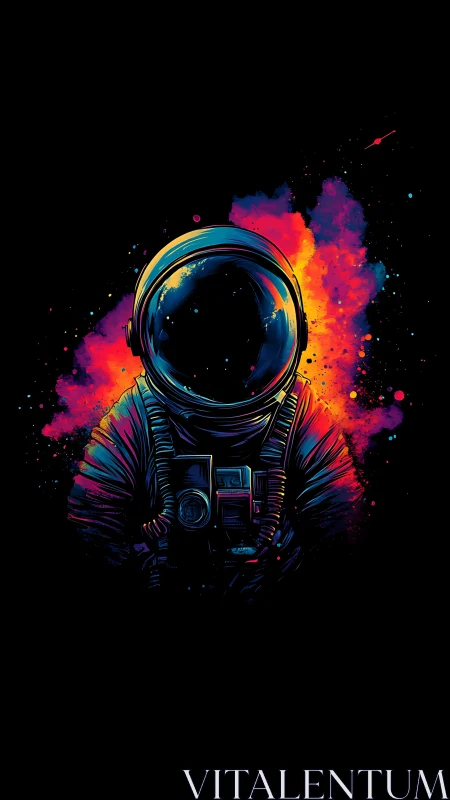 Astronaut drifts through neon stardust in a cosmic bloom.