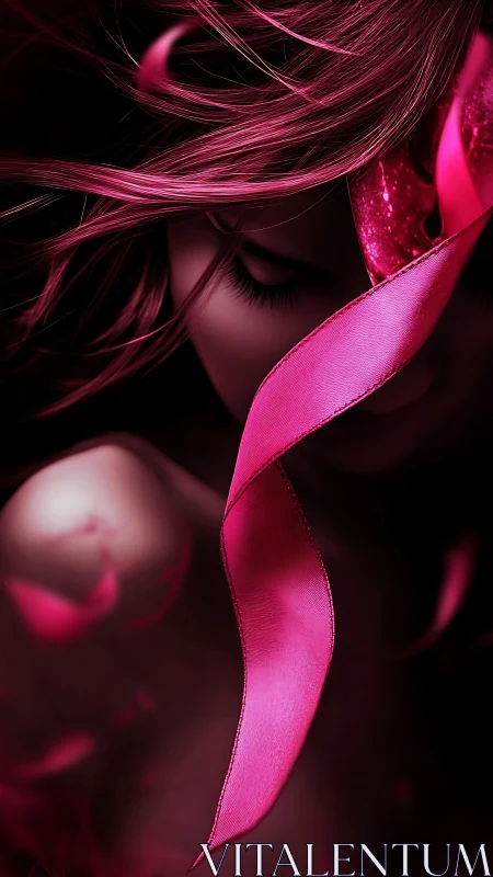 Crimson veil over sleeping face with drifting satin ribbon.