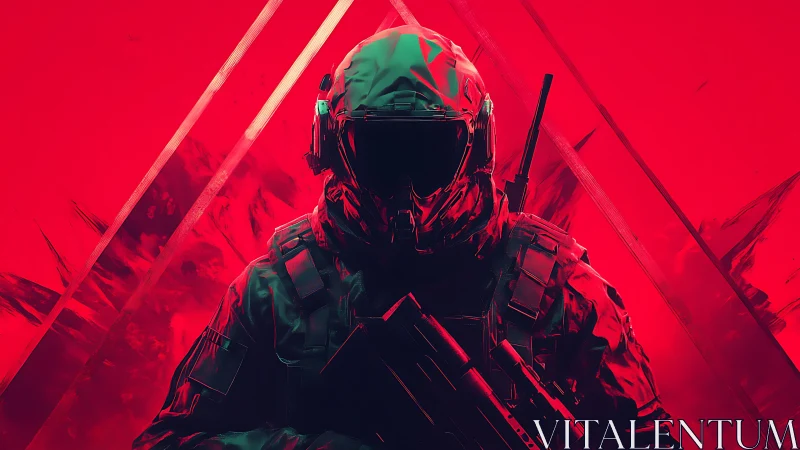 Armored soldier silhouette in red geometric environment.