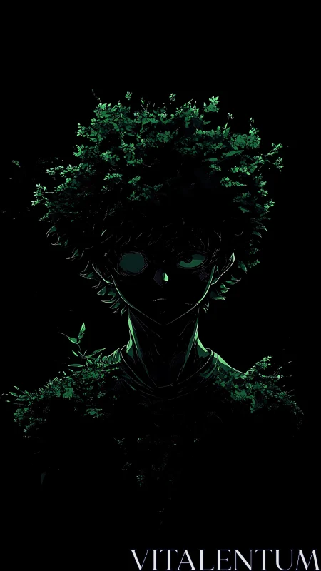 Forest crowned silhouette under deep black negative space.