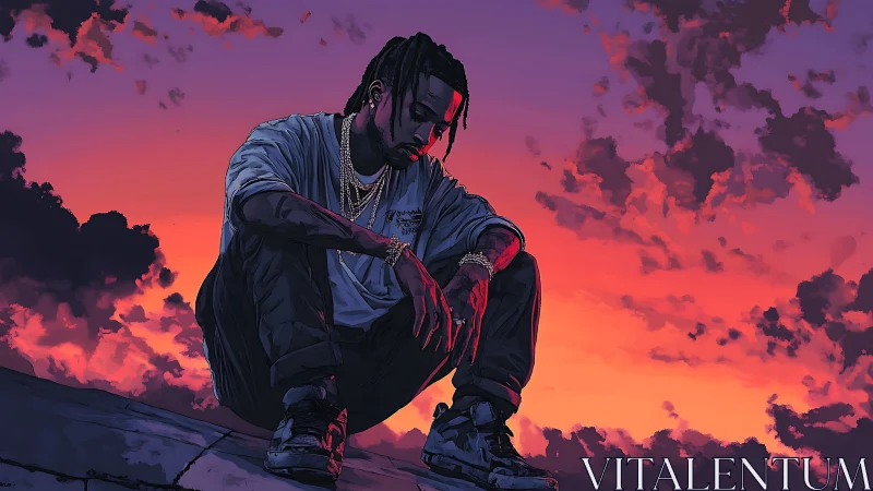 Skyline daydreamer crouches beneath neon soaked sunset clouds.