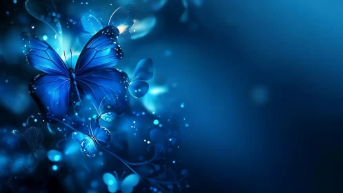 Luminous blue butterfly glows in soft bokeh twilight aura
