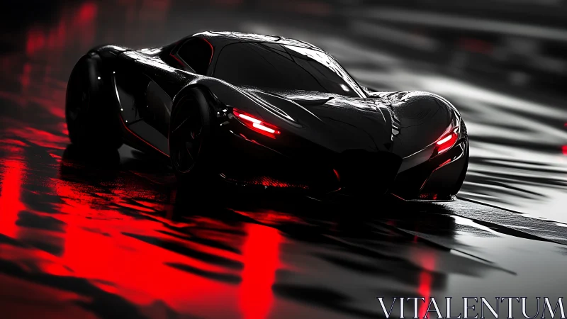 Parametric black hypercar with reflective wet-surface light interplay