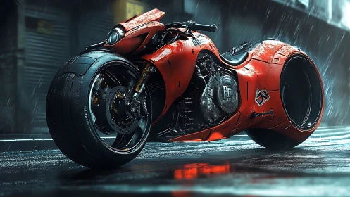 Hydrodynamic cyberbike with hubless rear wheel in rainfall.