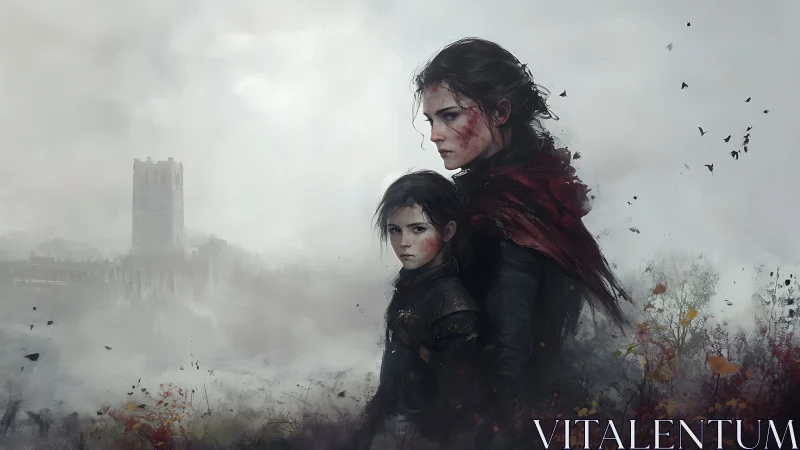 Two battle-worn siblings stand defiant in a misty war ruin