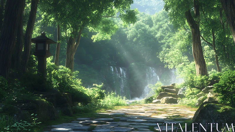 Forest waterfall sanctuary with lantern shrine.