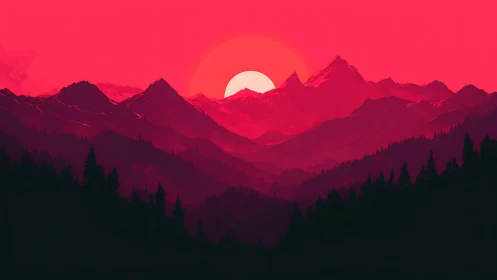 Crimson sun silhouettes layered alpine peaks and forests.