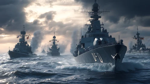 Modern warships cut through stormy seas in tight formation.