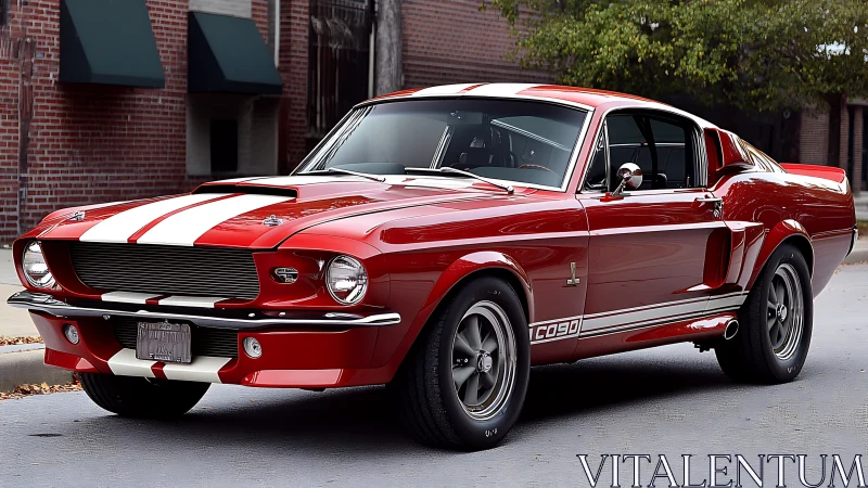 Classic red fastback muscle car with white racing stripes.