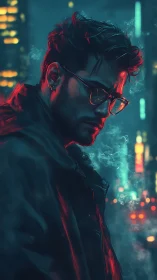 Neon-lit urban portrait with cinematic red teal rim light.