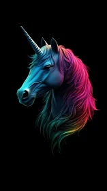 Neon dusk unicorn with prismatic mane on midnight void.